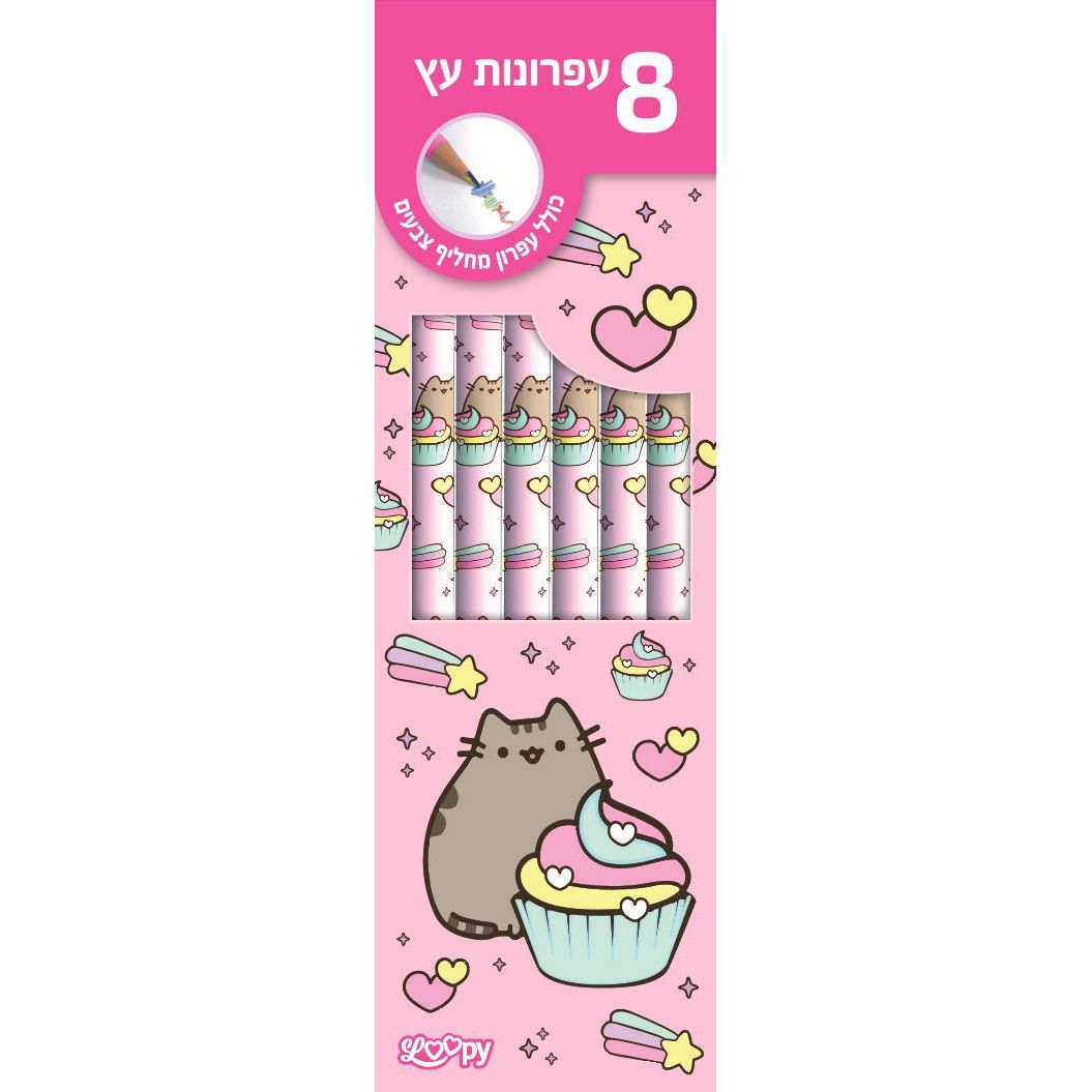 סט 8 עפרונות עץ  מחק (1 מחליף צבעים)חתול קאפקייקס